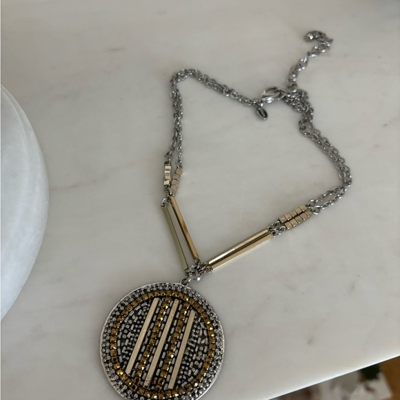 Chico’s Retired Bohemian Disk Silver Gold Tone Sparkle Necklace - Picture 5 of 7